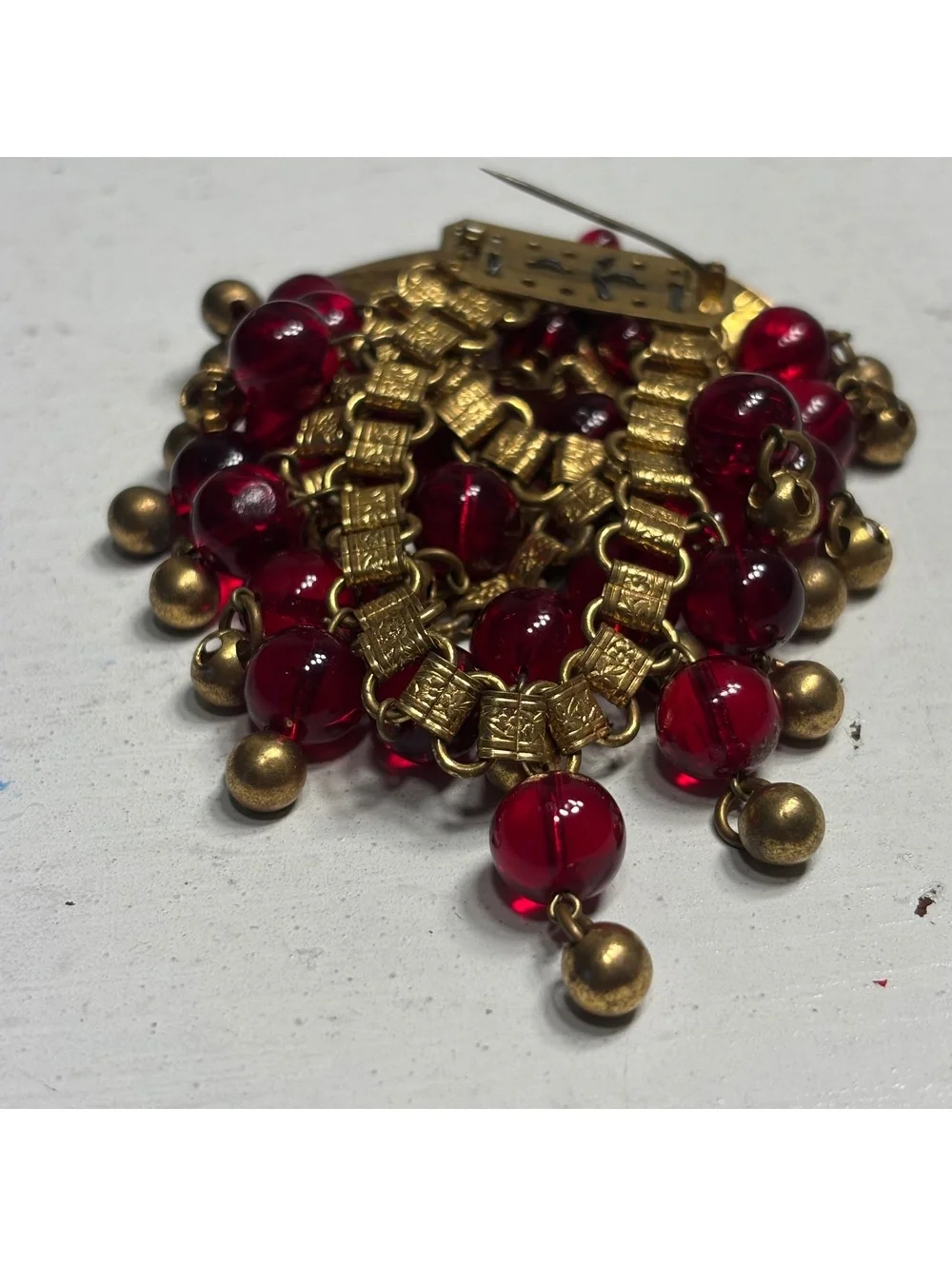 Early Verified Miriam Haskell Red Glass & Brass Bead Large Brooch